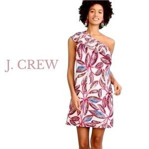 J. Crew Linen Cotton One-Shoulder Ruffle Dress - Pink and Blue Leaf Design